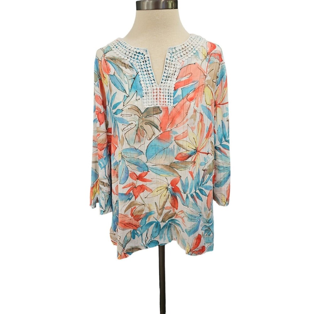 Alfred Dunner Sz 16 Cotton Top W/ Side Slits 3/4 Sleeve Teal & Coral Leaf Print